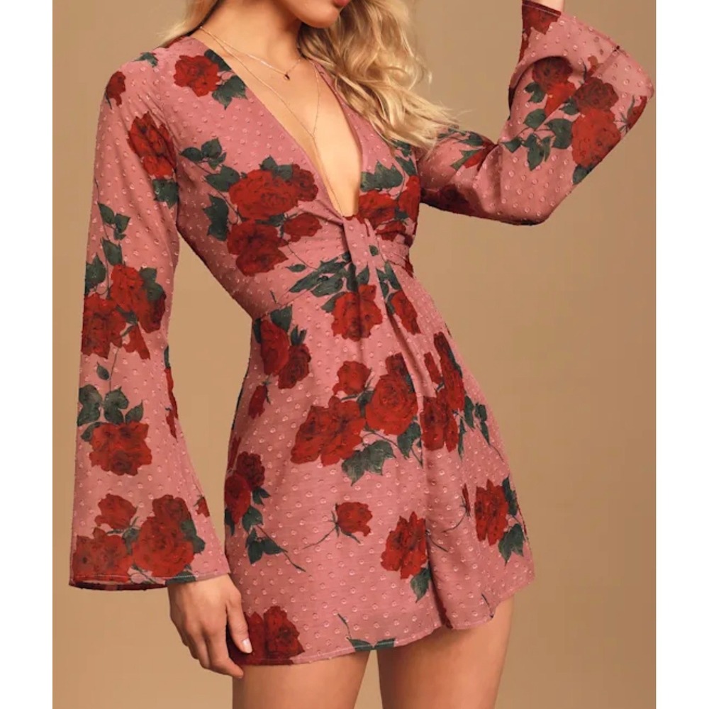 AUW Secret Charm Mauve Pink Floral Rose Clip Dot Long Sleeve Romper S NWT
